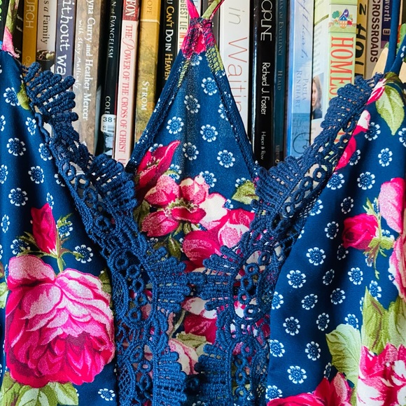 Free People | NEW Strappy Blue Floral Rose Lace Trim Midi Dress - Picture 6 of 13